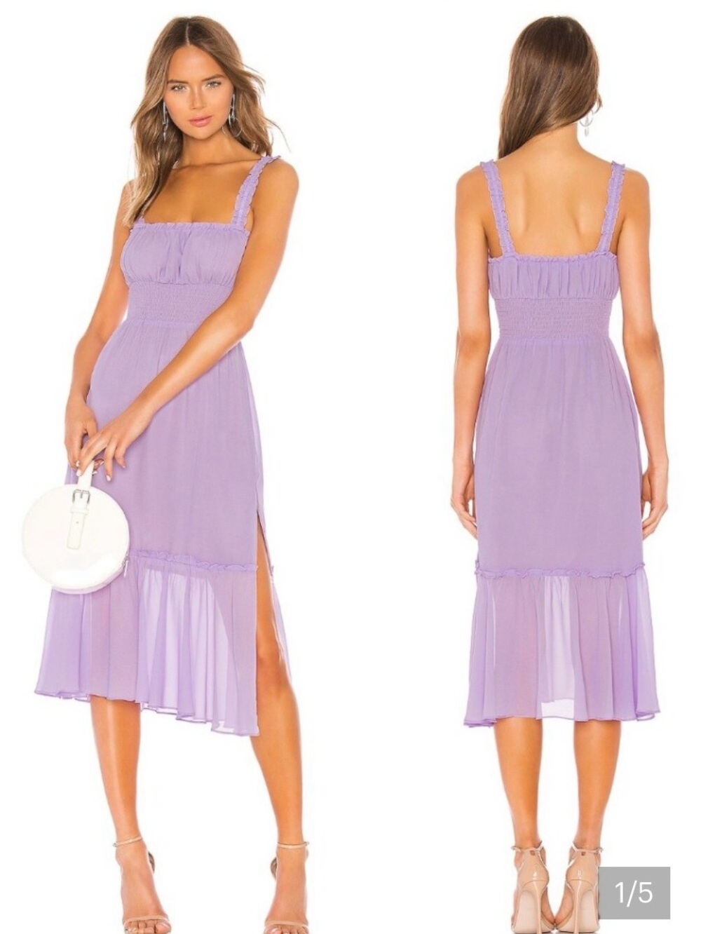 Lovers + Friends Arden Lavender Ruffled Strap Midi Dress, Small
